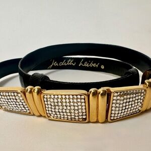 VINTAGE JUDITH LEIBER BELT BLACK LEATHER SNAKESKIN w CRYSTALs
